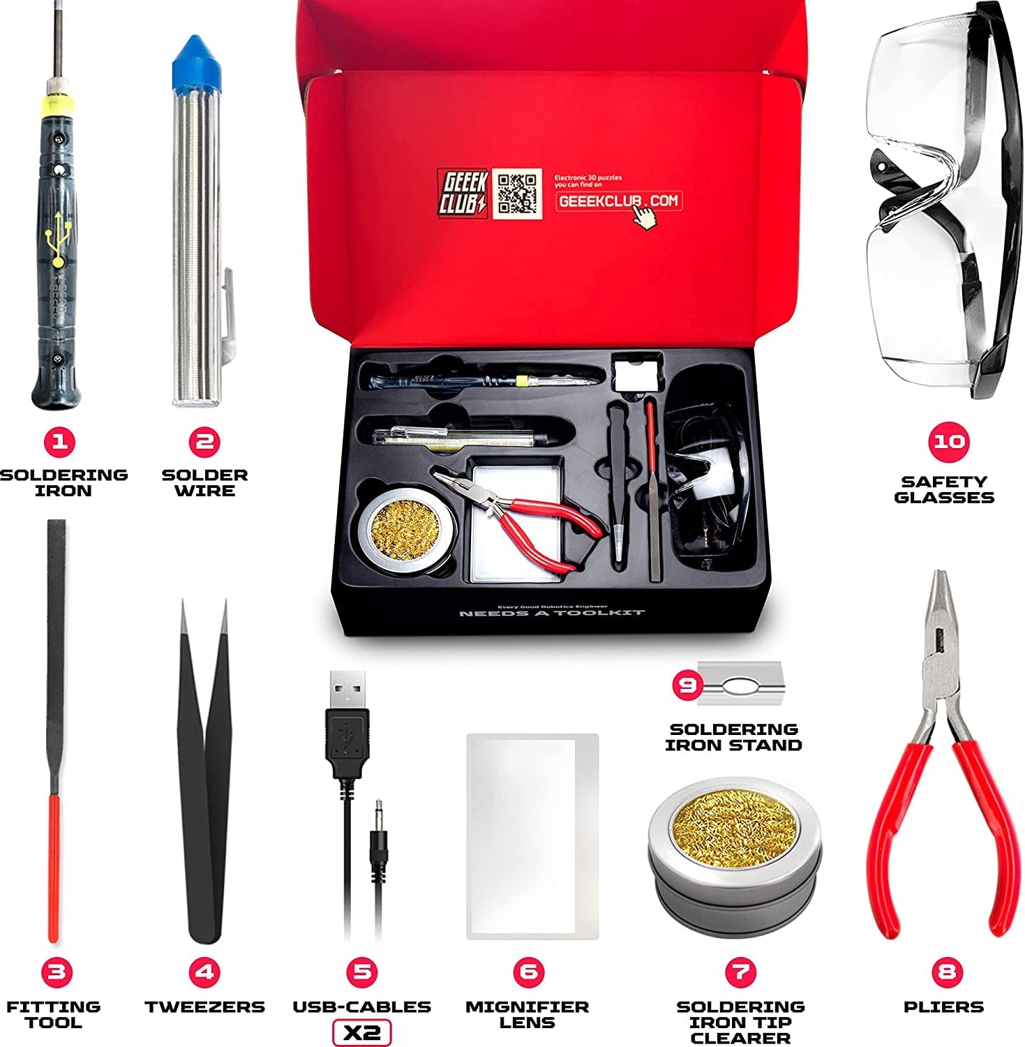Soldering Kit with Soldering Iron - Geeek Tools Kit Box - Complete DIY Robot Building Toolbox with Filing Tool, Tweezers, Pliers, Solder Wire, Iron Tip, Protective Glasses, Magnifying Lens