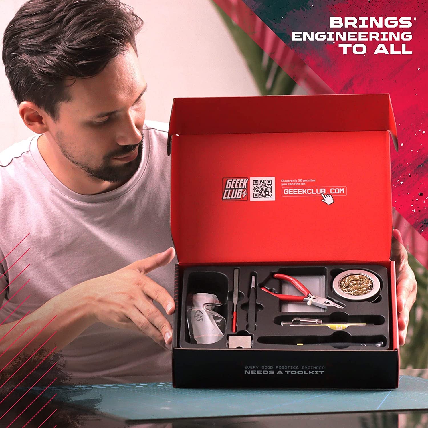 Soldering Kit with Soldering Iron - Geeek Tools Kit Box - Complete DIY Robot Building Toolbox with Filing Tool, Tweezers, Pliers, Solder Wire, Iron Tip, Protective Glasses, Magnifying Lens