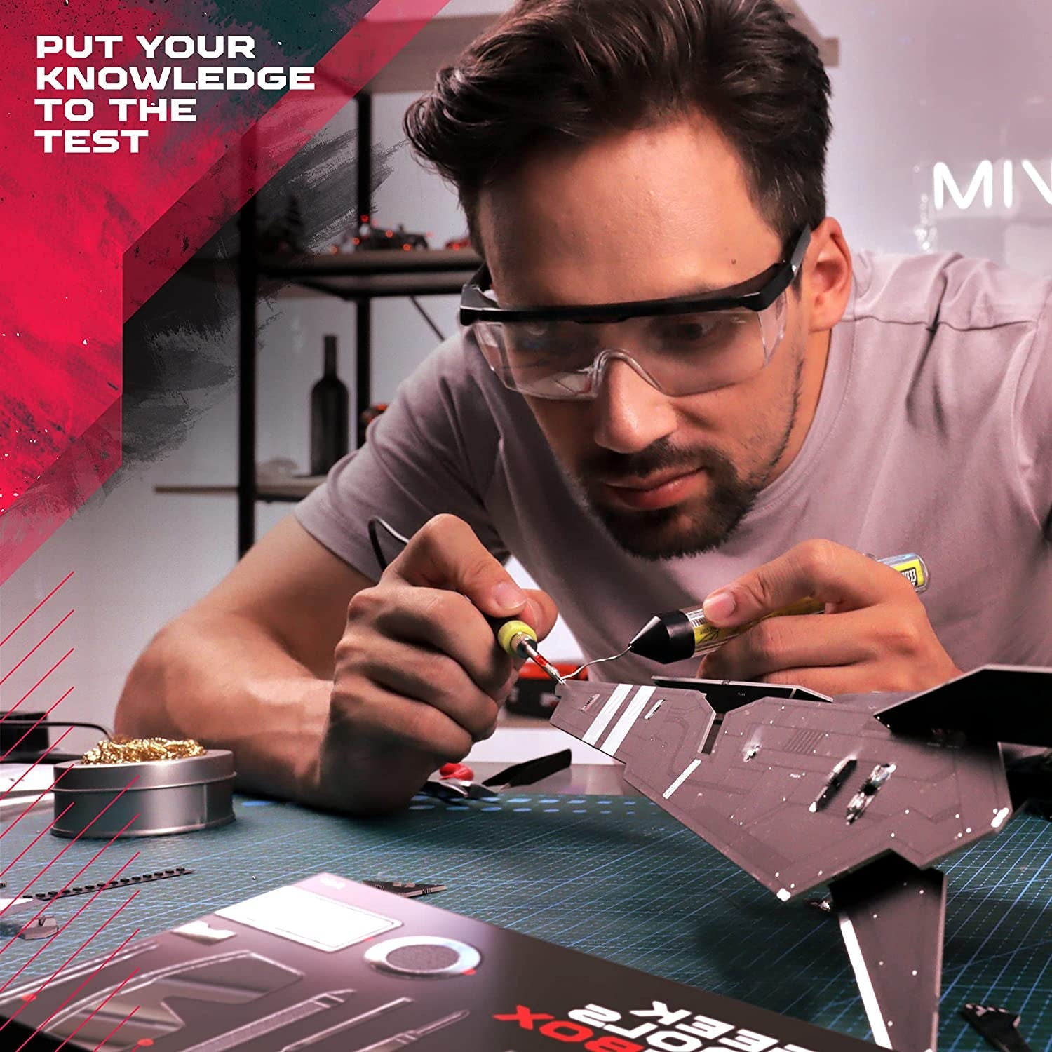 Soldering Kit with Soldering Iron - Geeek Tools Kit Box - Complete DIY Robot Building Toolbox with Filing Tool, Tweezers, Pliers, Solder Wire, Iron Tip, Protective Glasses, Magnifying Lens