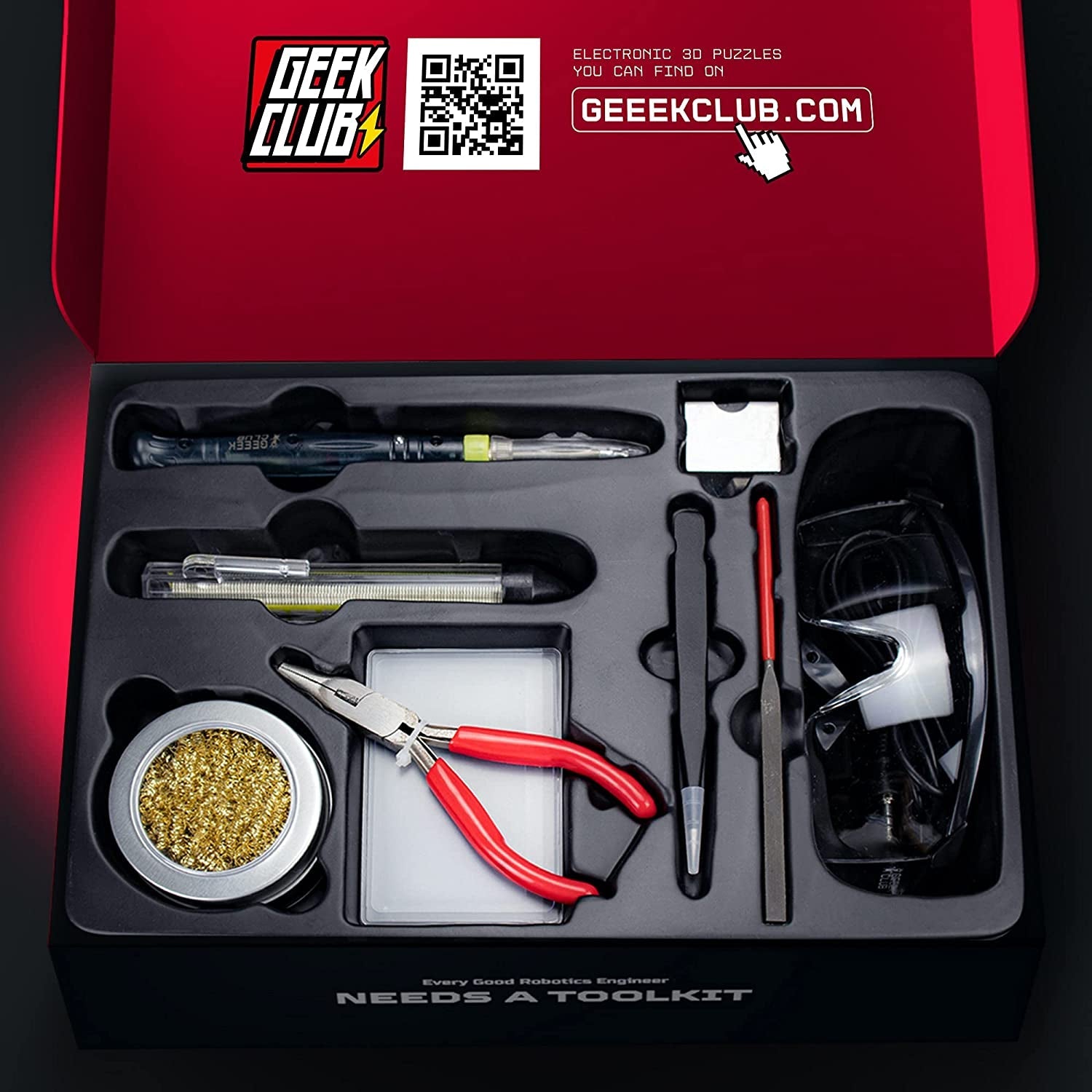 Soldering Kit with Soldering Iron - Geeek Tools Kit Box - Complete DIY Robot Building Toolbox with Filing Tool, Tweezers, Pliers, Solder Wire, Iron Tip, Protective Glasses, Magnifying Lens